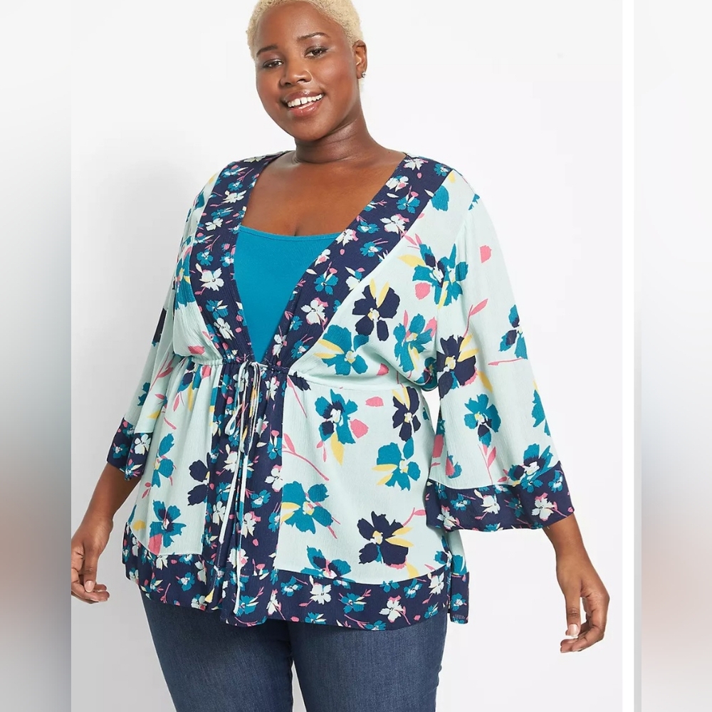 Lane Bryant Mint Floral Tie-Front Kimono with Navy Trim